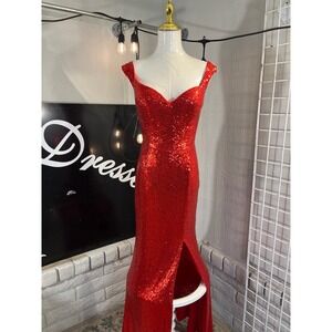 Sparkling Red Sequin Formal Evening Gown Maxi Dress With‎ Slit Holiday Size 3X